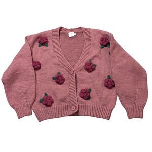 Luna Ivy 3-D Floral Knit Cardigan Sweater Pink Flowers  Sizes Small